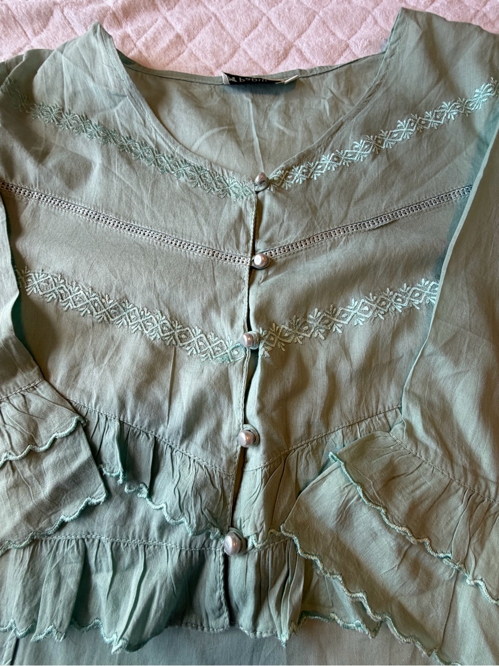 Vintage Papillon Boho Sage Green Button-Front Ruffle Blouse - Picture 2 of 5